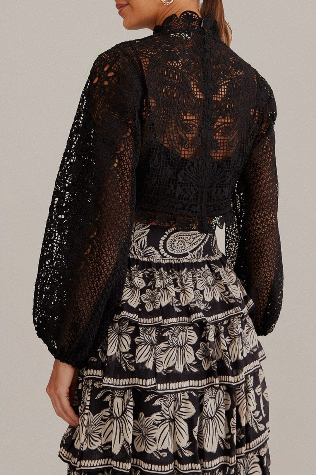 Guipure long-sleeved blouse - Black