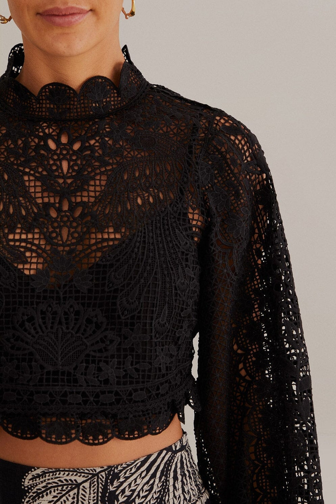 Guipure long-sleeved blouse - Black