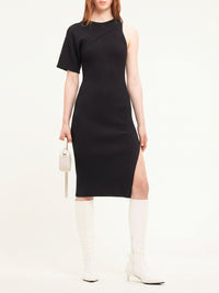 Asymmetrical long ribbed knit dress - Black