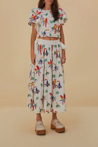 Midi skirt with side bow and cotton embroidery - White