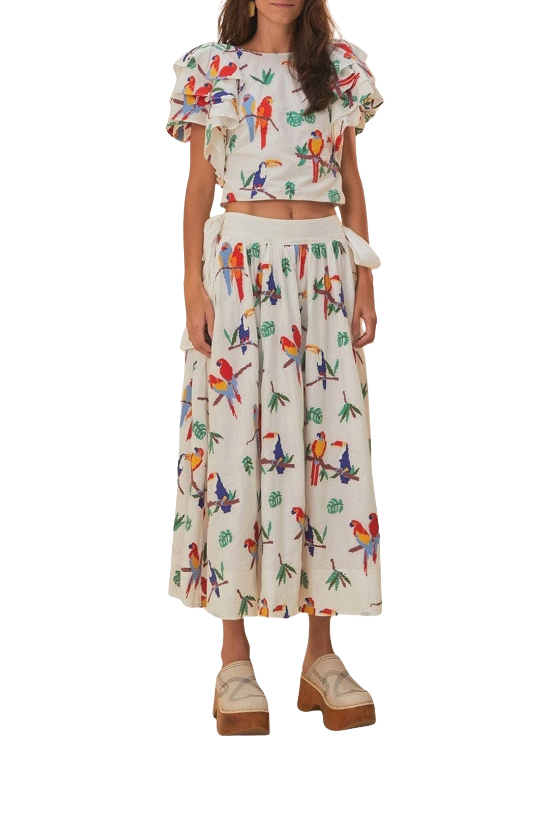 Midi skirt with side bow and cotton embroidery - White