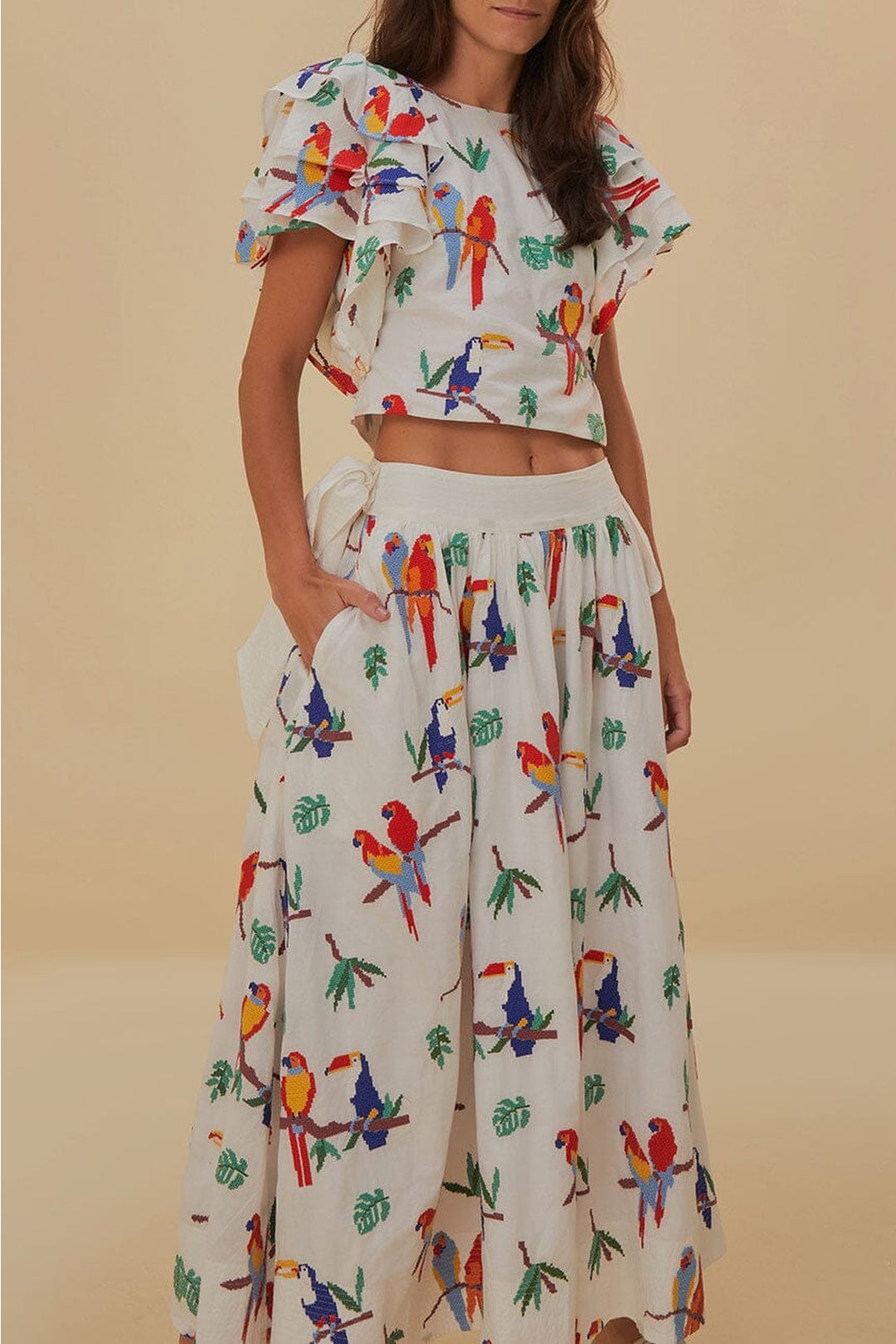 Midi skirt with side bow and cotton embroidery - White
