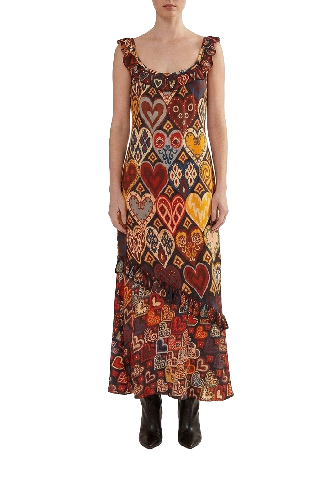 Robe midi à motifs de cœurs - Marron