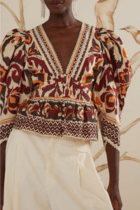 Blouse Toucans à manches bouffantes en coton - Beige