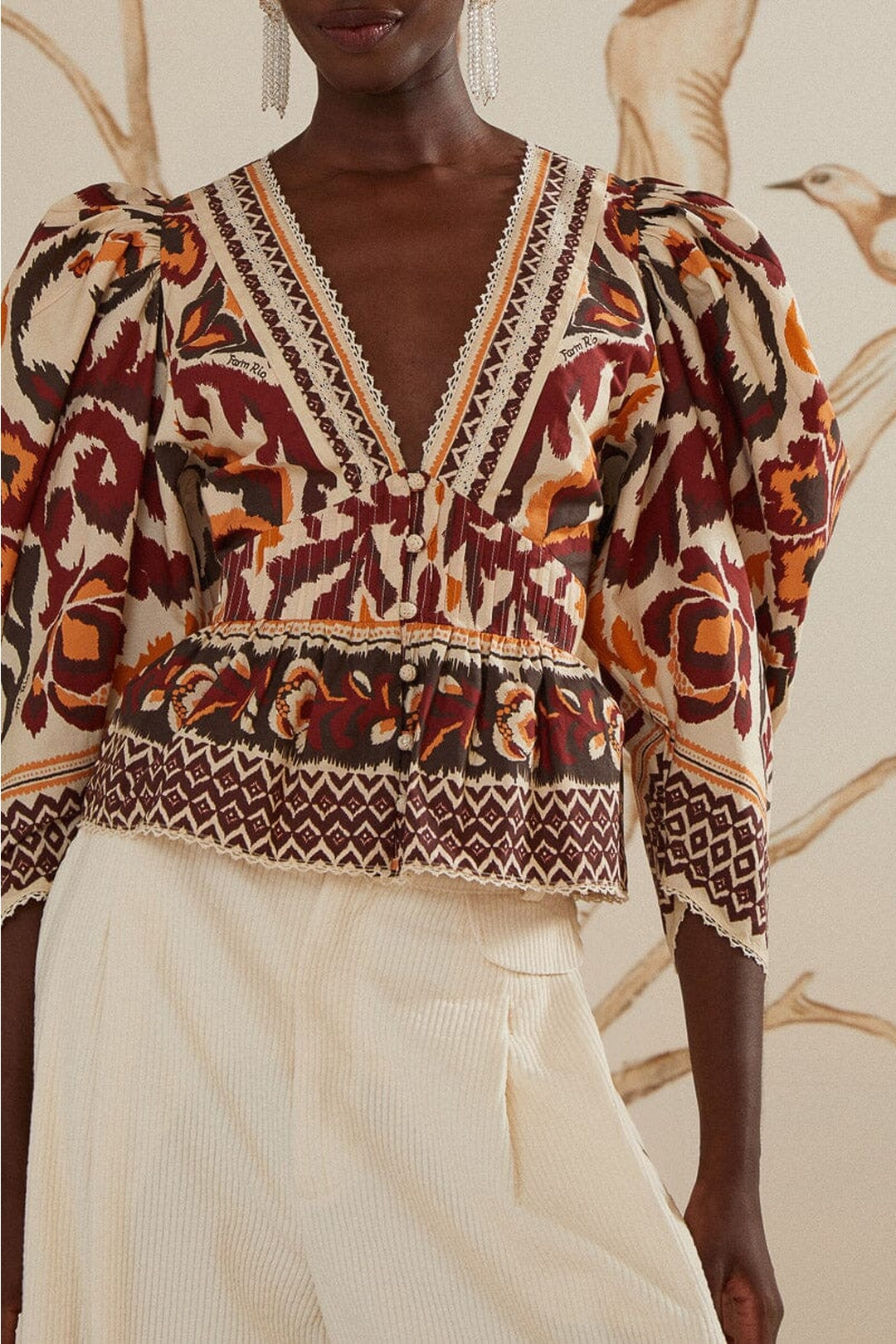 Blouse Toucans à manches bouffantes en coton - Beige