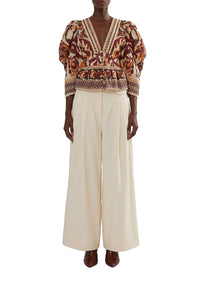 Blouse Toucans à manches bouffantes en coton - Beige
