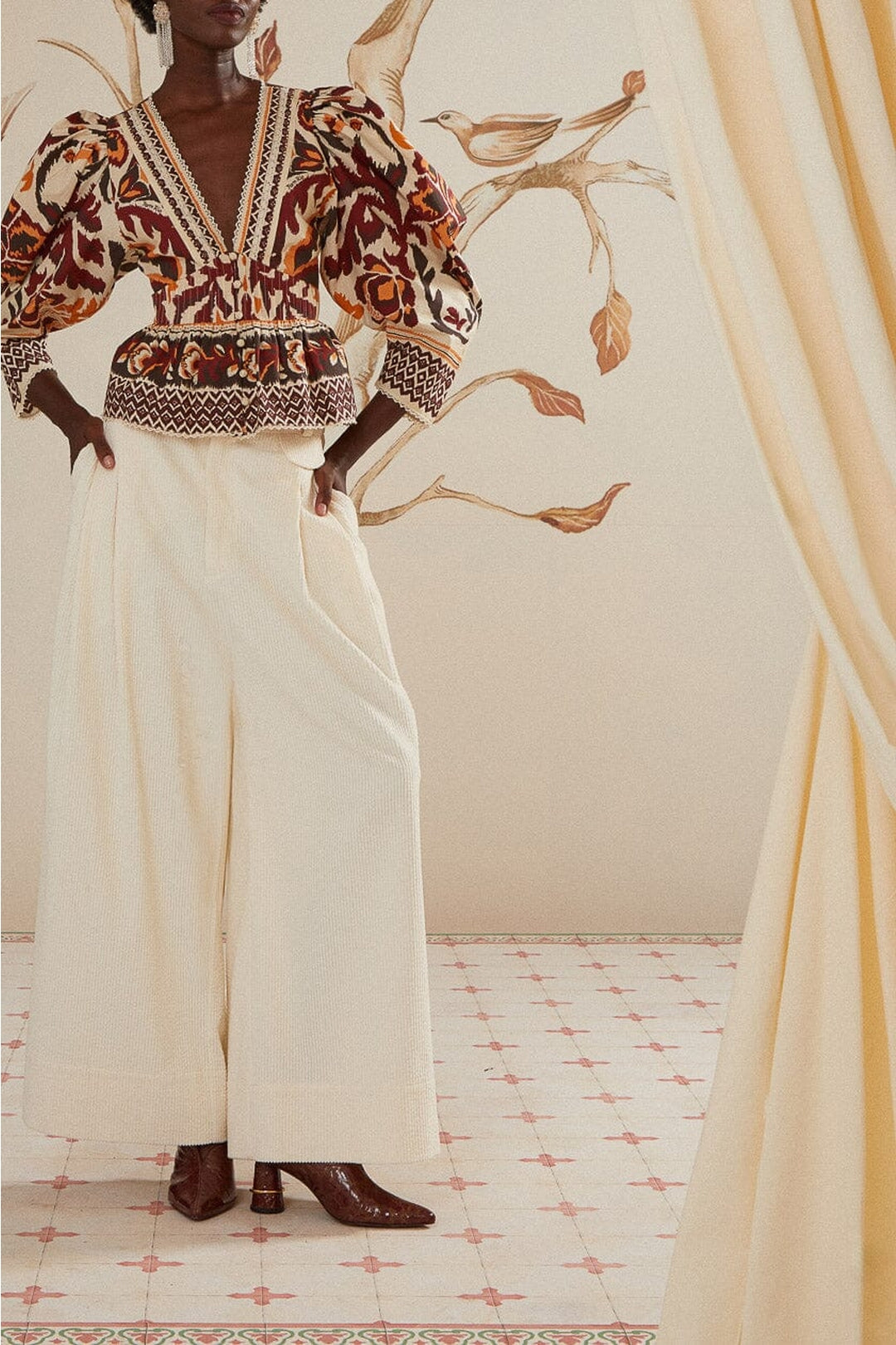 Blouse Toucans à manches bouffantes en coton - Beige