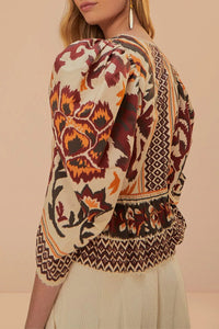 Blouse Toucans à manches bouffantes en coton - Beige