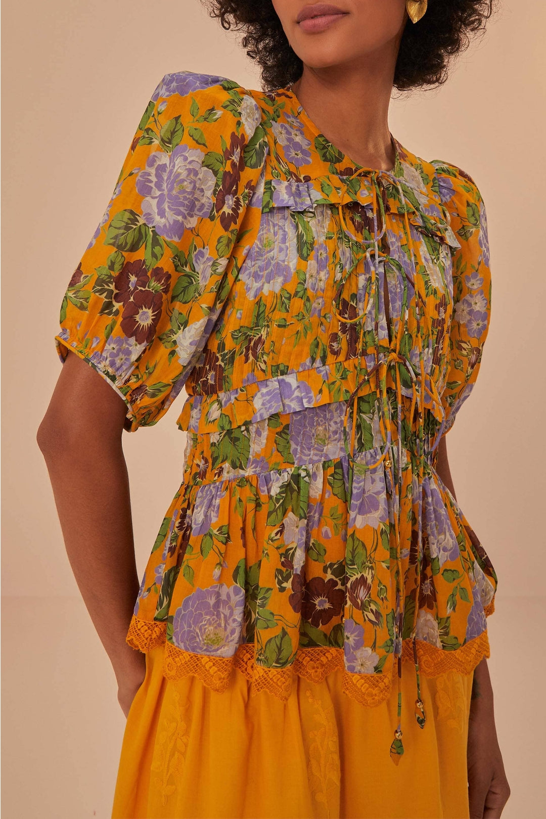 Blouse Capri à manches courtes et col V en coton - Orange