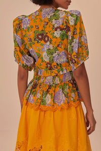 Blouse Capri à manches courtes et col V en coton - Orange