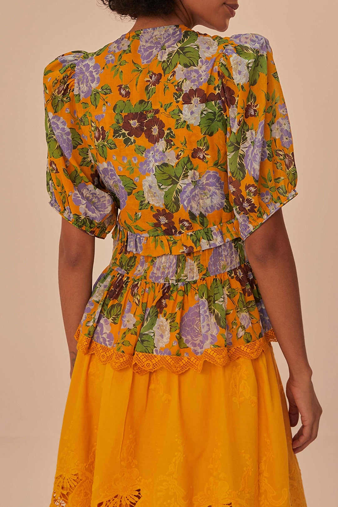 Blouse Capri à manches courtes et col V en coton - Orange