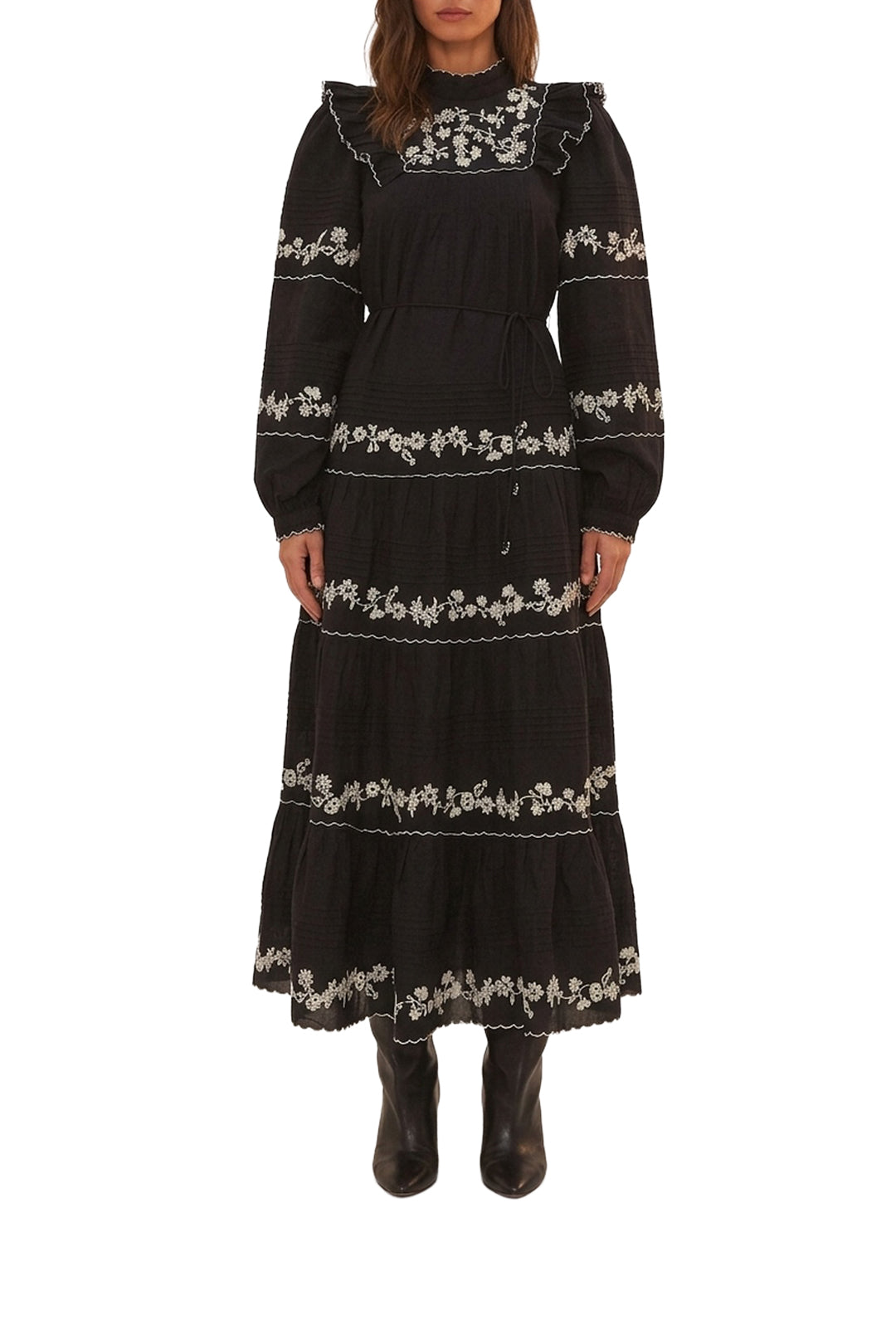 Robe longue brodée à manches longues en coton - Noir