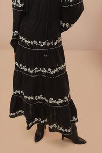 Robe longue brodée à manches longues en coton - Noir