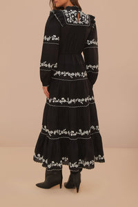Robe longue brodée à manches longues en coton - Noir