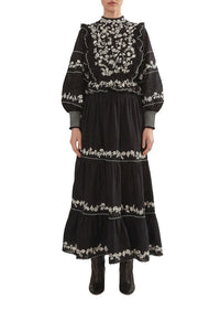 Blouse à manches longues et volants brodés en coton - Noir