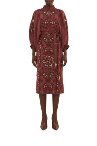 Robe midi Tooucans à manches longues en lin - Bordeaux