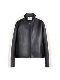 PREMIUM 9pcs NEW / BLOUSON BIKER EN CUIR CONTRASTE - Black