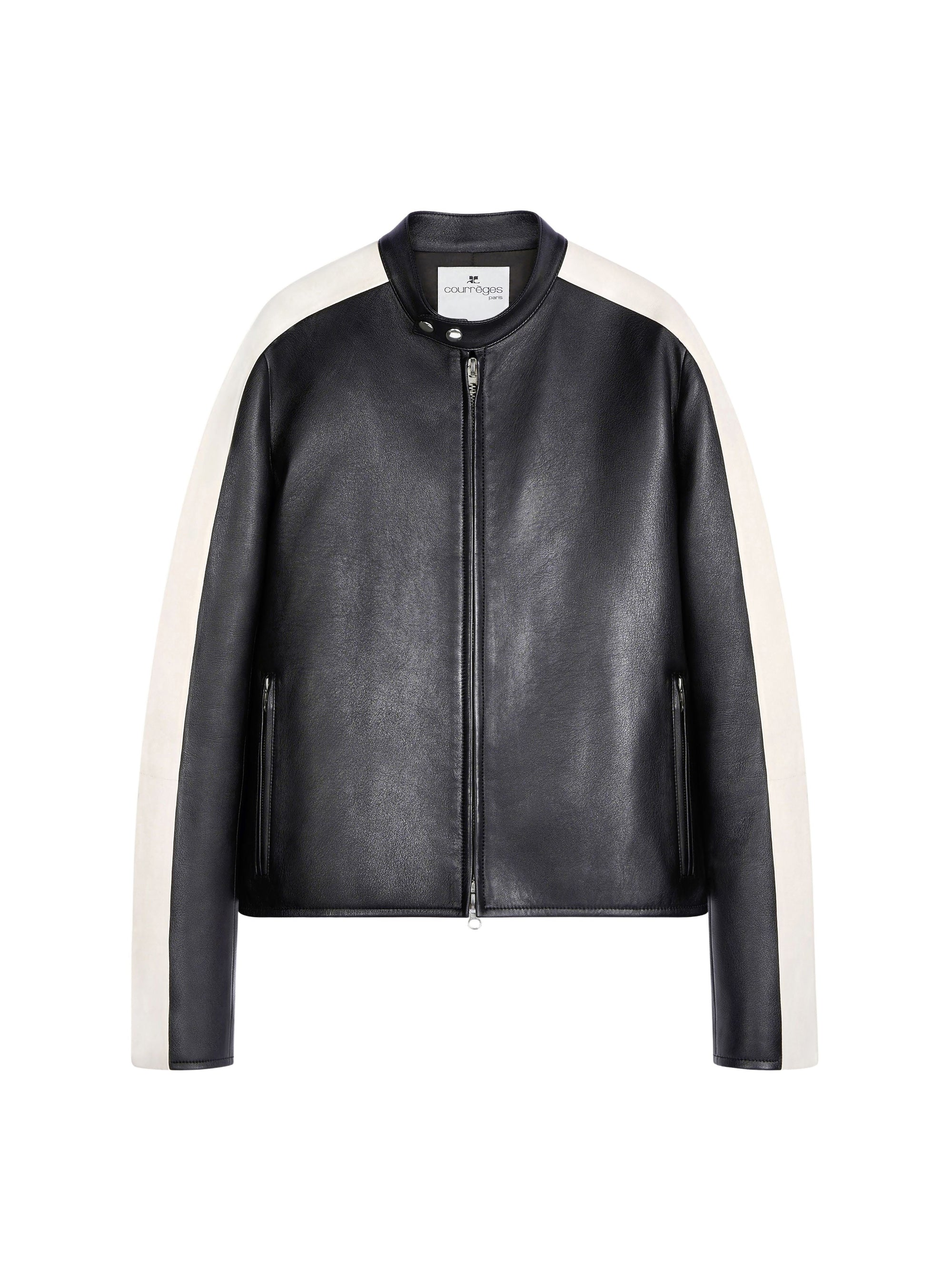 PREMIUM 9pcs NEW / BLOUSON BIKER EN CUIR CONTRASTE - Black