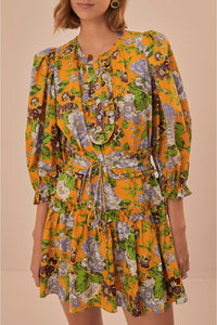 Robe courte à motif floral et manches courtes en coton - Jaune