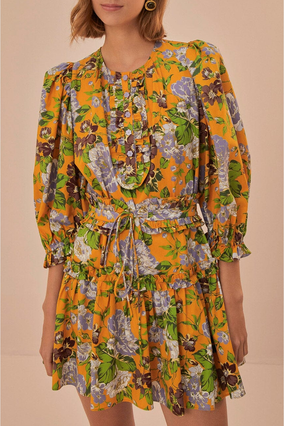 Robe courte à motif floral et manches courtes en coton - Jaune