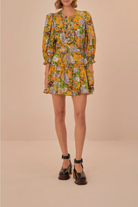 Robe courte à motif floral et manches courtes en coton - Jaune