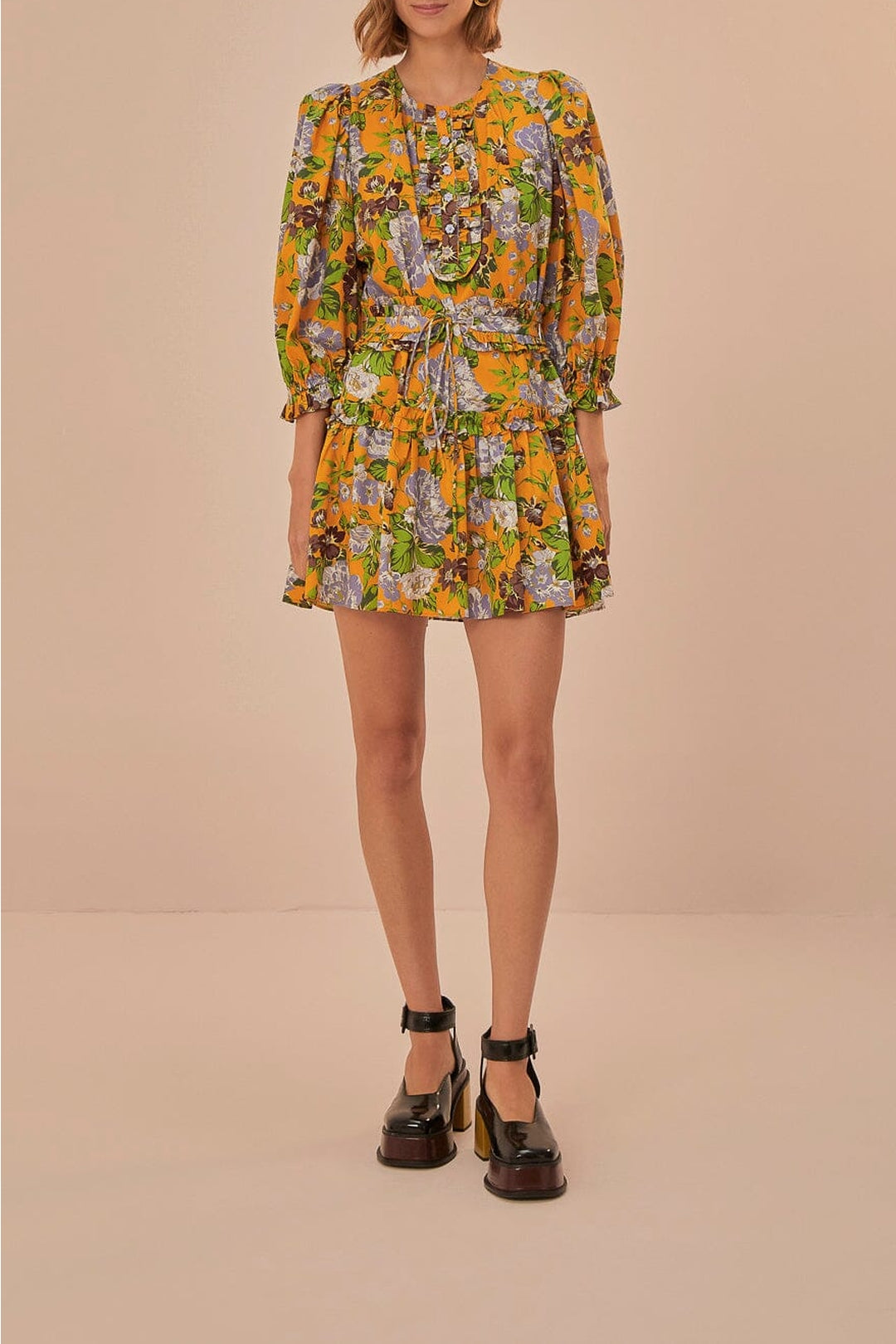 Robe courte à motif floral et manches courtes en coton - Jaune