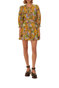 Robe courte à motif floral et manches courtes en coton - Jaune