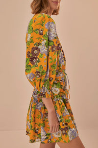 Robe courte à motif floral et manches courtes en coton - Jaune