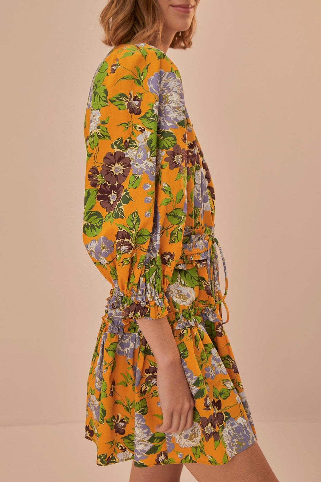 Robe courte à motif floral et manches courtes en coton - Jaune
