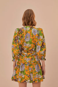 Robe courte à motif floral et manches courtes en coton - Jaune