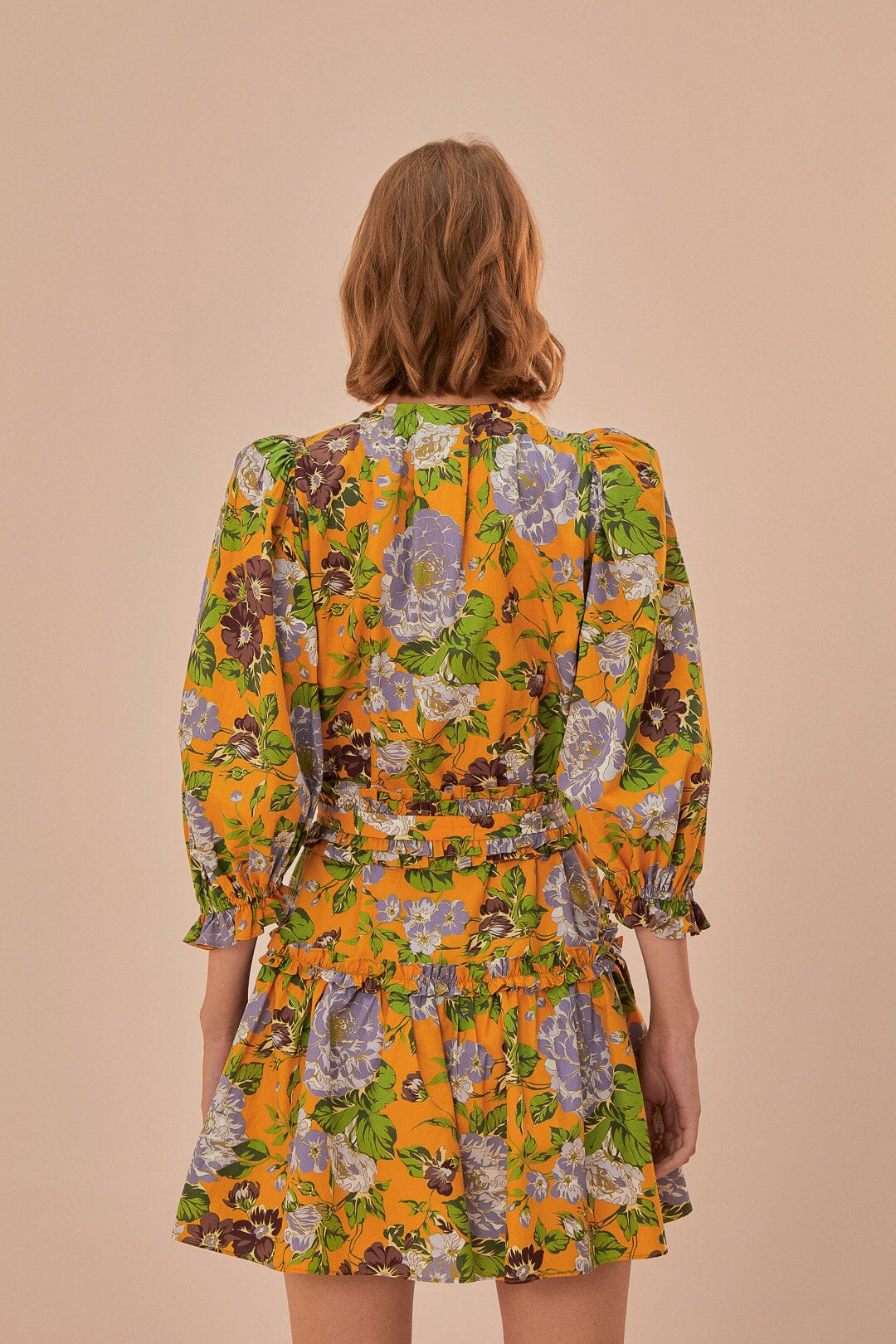 Robe courte à motif floral et manches courtes en coton - Jaune