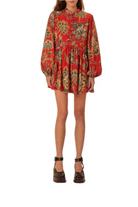 Short floral dress with long cotton sleeves - Red