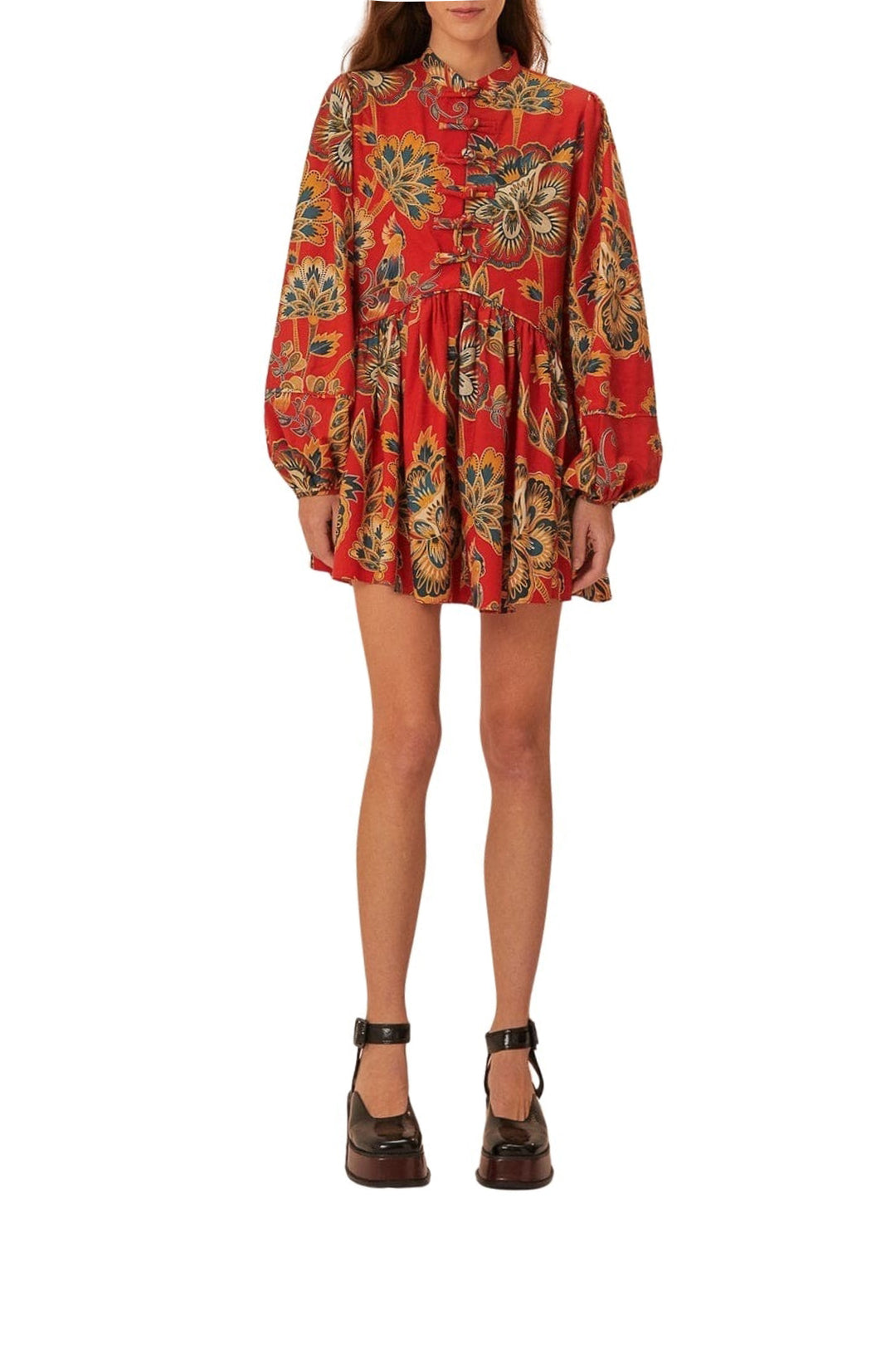 Short floral dress with long cotton sleeves - Red