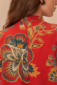 Short floral dress with long cotton sleeves - Red