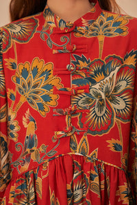 Short floral dress with long cotton sleeves - Red