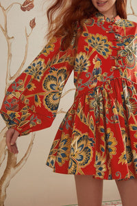 Short floral dress with long cotton sleeves - Red