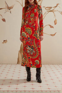 Robe midi longue à motif floral et manches longues - Rouge