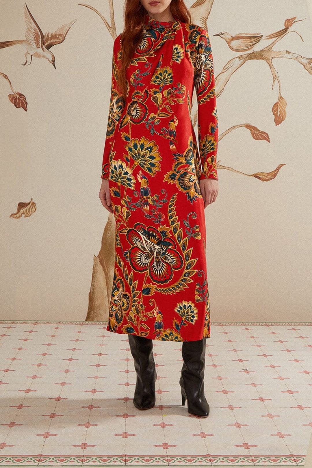 Robe midi longue à motif floral et manches longues - Rouge