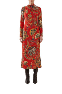 Robe midi longue à motif floral et manches longues - Rouge