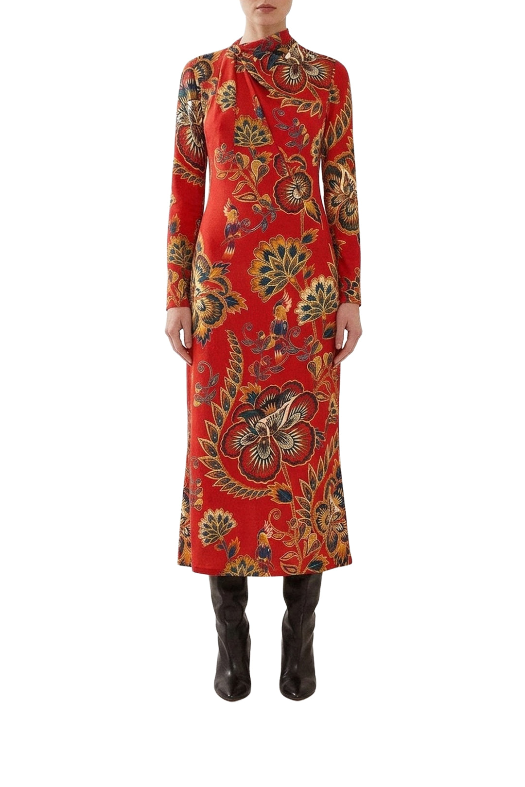 Robe midi longue à motif floral et manches longues - Rouge