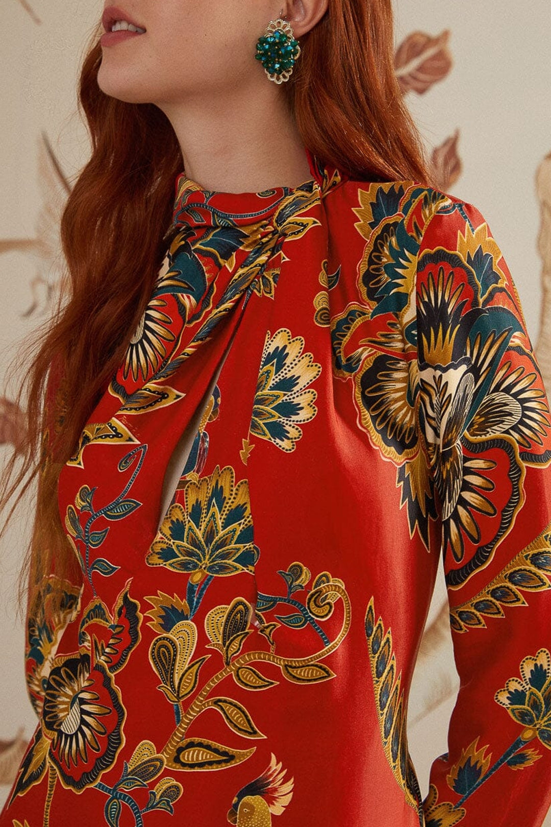 Robe midi longue à motif floral et manches longues - Rouge