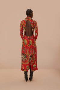 Robe midi longue à motif floral et manches longues - Rouge