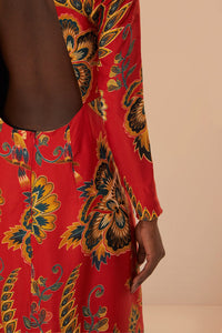 Robe midi longue à motif floral et manches longues - Rouge