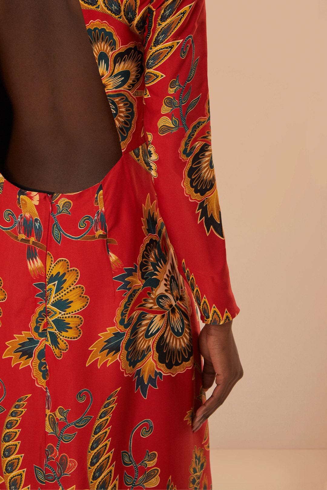 Robe midi longue à motif floral et manches longues - Rouge