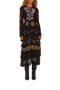 Robe longue à manches longues et jupe à volants - Noir
