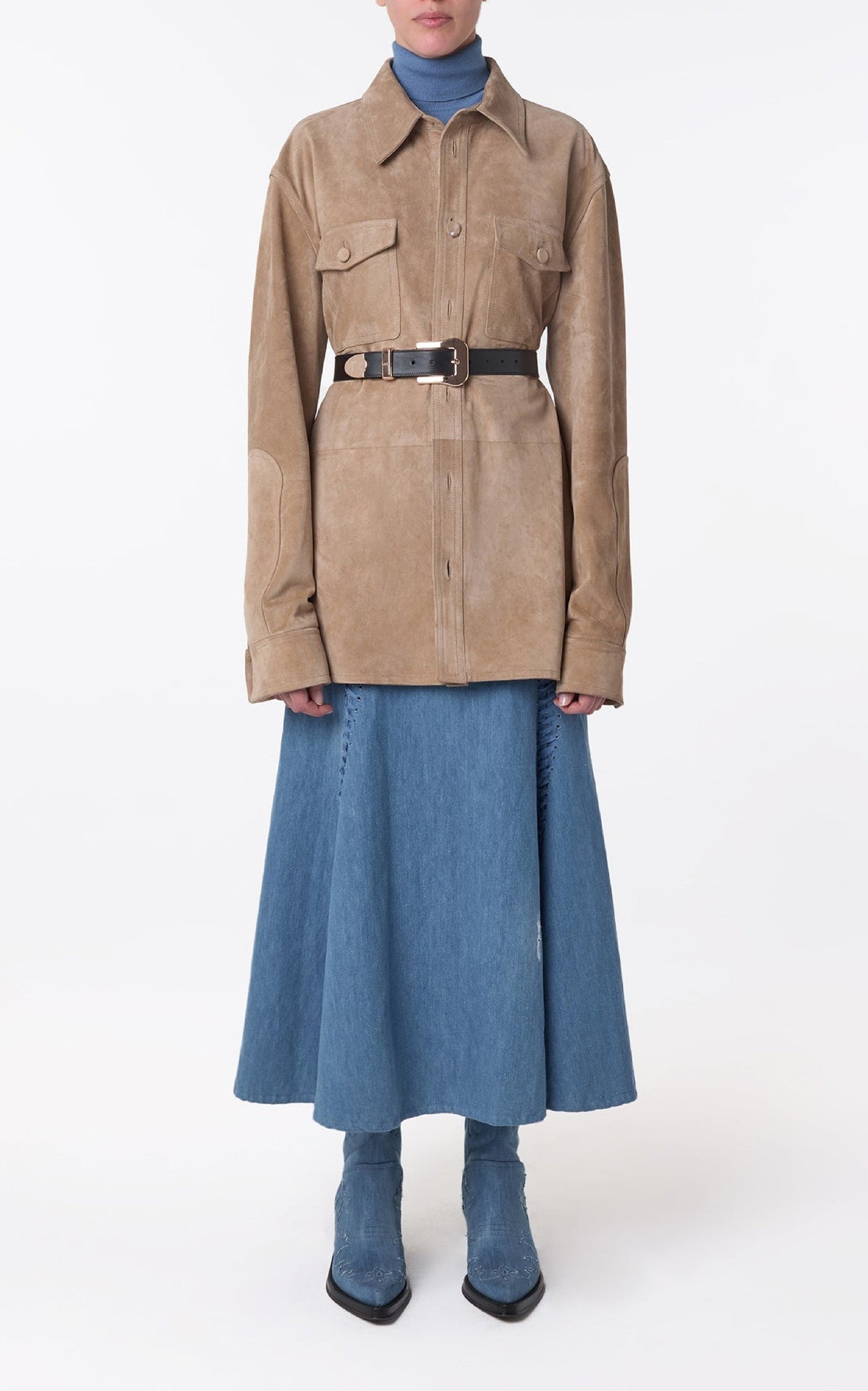 Dion Skirt en denim bleu clair washed coton lin denim