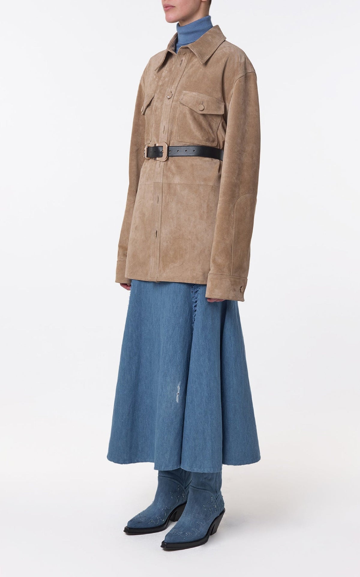 Dion Skirt en denim bleu clair washed coton lin denim