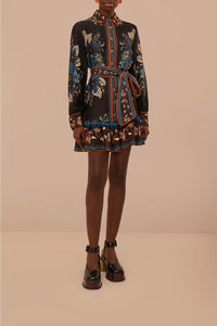Robe courte Blossom Tapestry à manches longues - Noir