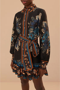 Robe courte Blossom Tapestry à manches longues - Noir
