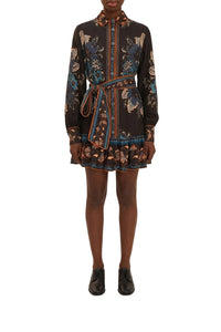 Robe courte Blossom Tapestry à manches longues - Noir